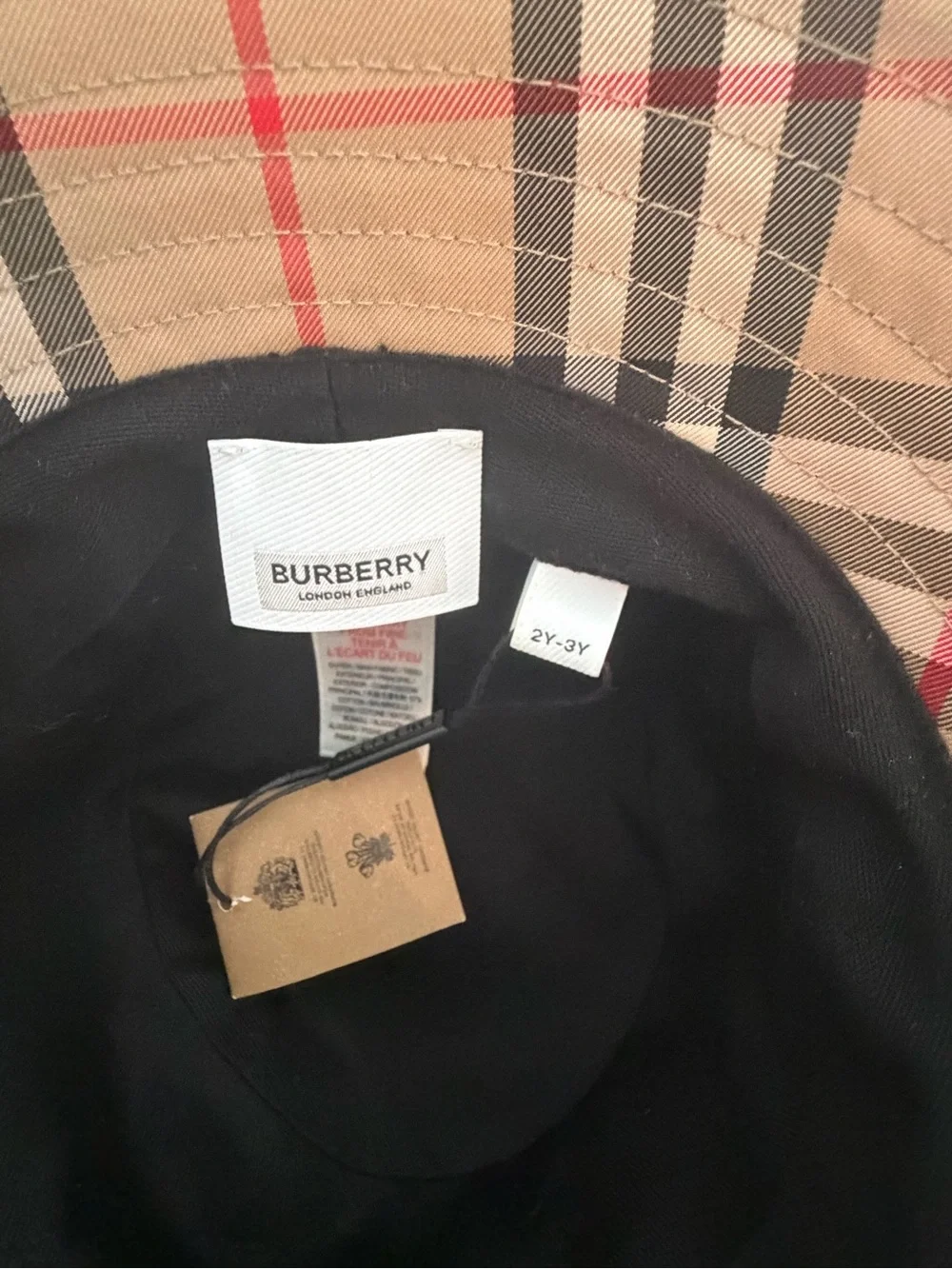 Burberry Tan Check Bucket Hat with Black & Red Accents